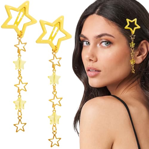 Pndeyo 2pcs Star Tassels Hair Clips for Women, Non-Slip 2000s Y2K Hair Snap Barrettes, Cute Star Beaded Pendant Hair Pin Accessories for Braid Long Short Thin Thick Hair- Yellow - color: Yellow-2pcs