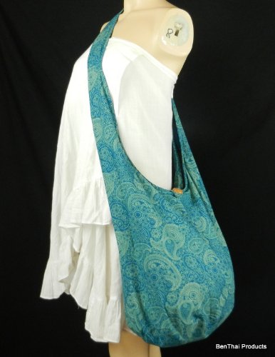 BTP! Thai Cotton Hippie Hobo Sling Crossbody Bag eco Friendly Shopping bag Paisley Print Large - color: Teal Pl9