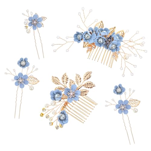 5 Pcs Bridal Hair Comb Pins Wedding Hair Piece Blue Flower Rhinestone Hairs Clips for Women Vintage Blue Wedding Accessories Floral Bun Updo Hairs Comb for Weddings Party Brides Bridesmaid Women