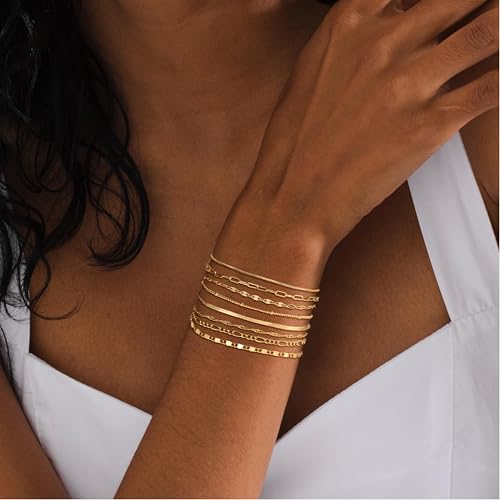 Tewiky Waterproof Gold Bracelets for Women Non Tarnish - Dainty Stack 14K Gold Plated/Sterling Silver Chain Bracelets Set Adjustable Trendy Jewelry for Women - style: Style D