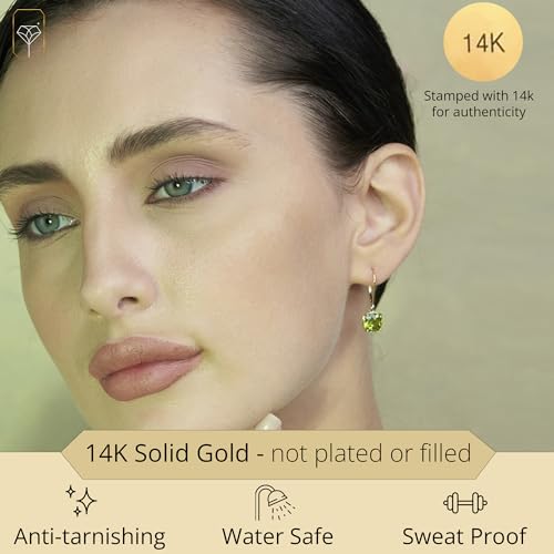 14k White or Yellow Gold Cushion Cut Gemstone Dangle Earrings for Women with 8mm Birthstones by MAX + STONE - color: Peridot