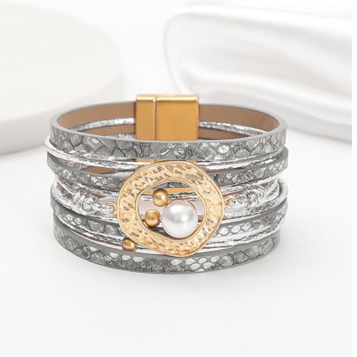 Long tiantian Boho Leather Wrap Bracelets Western Bracelets for Women Stackable Starfish Crystal Pearl Turquoise Leather Bracelet With Clasp Jewelry Gifts Boho Dresses - color: C3:silver leather bracelet