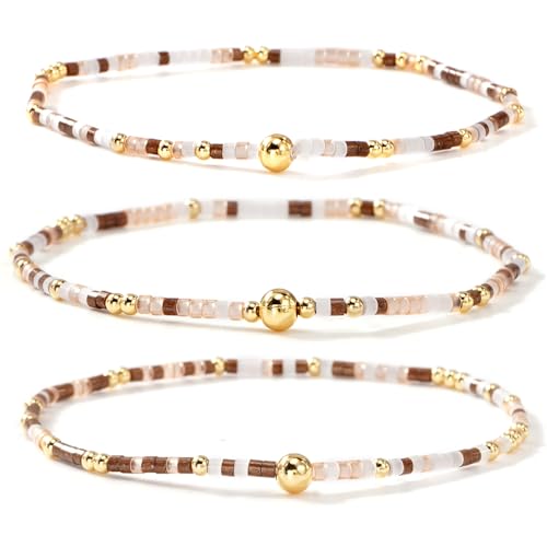 Dainty Gold Plated Tiny Ball Colorful Beaded Stack Bracelets Sets for Women,3Pcs Stackable Cute Bracelet Stretch Trendy Ball Jewelry Friendship Gift - color: brown