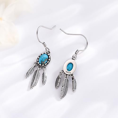 Natural Turquoise Earrings for Women Dangling 925 Sterling Silver Dangle Earrings Western Jewelry Christmas Gift for Sister Mother - style: C-Feather Earrings