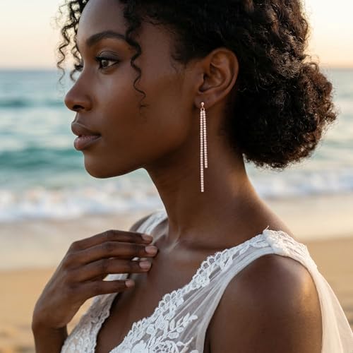SLUYNZ 925 Sterling Silver Simulated Diamond Drop Earrings Linear Dangle Earrings for Women Teens Eelgant Wedding Bridal Prom Earrings Dainty CZ Long Dangling Earrings Tassel 4.5 cm/7.5 cm - color: C-Rose Color-6.3cm