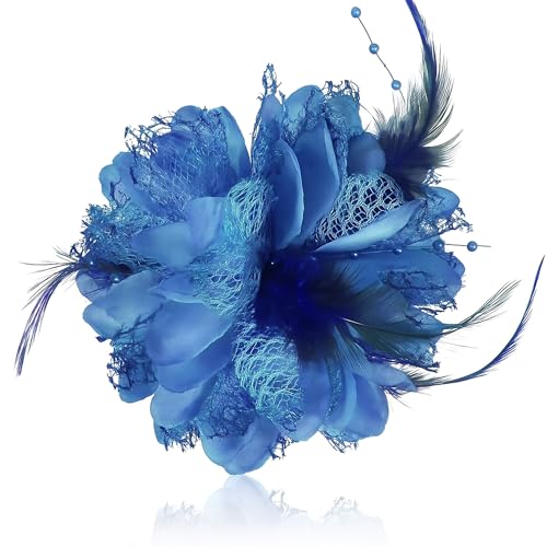 4.72 Inches Elegant Hair Clip Large Flower Brooches for Women | Flower Mesh Feathers Headwear Ponytail Holder & Hair Clips for Wedding | Charming Floral Lapel & Brooch Pins for Women Fashion (Blue) - color: Blue