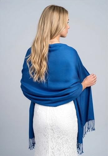 Achillea Lightweight Pashmina Scarf for Women – Soft Silky Shawl Wrap for Evening Dresses, Bridesmaids & Everyday Wear - color: Denim Blue