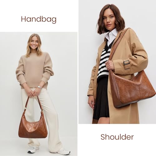 Brown Shoulder Bag for Women,Brown Leather Purse Slouchy Hobo Bags Everyday Purse Daily Commuting Bag with Zipper - color: Light Brown