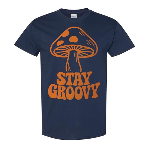 Stay Groovy Mushrooms T-Shirt– Retro Aesthetic Apparel – 100% Cotton Unisex Tee - color: Navy, size: Small