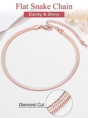 FOCALOOK 14K Gold Plated Necklaces for Women, Fashion Herringbone Choker Necklace Stainless Steel Flat Snake Chain 3/5MM(W) 12.5"/15"/18"+3.5"(L) - color: 5MM-Rose Gold-15"