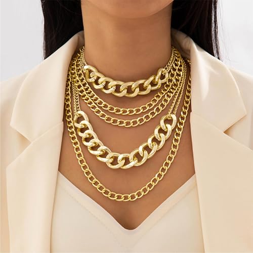 Long tiantian Chunky Gold Necklace Stack Chain Necklaces for Women Statement Layered Paperclip Choker Necklaces Statement Necklace for 80s 90s & Night Out Outfits Paperclip Style Fashion Jewelry - color: A8:Style L-Gold Chain