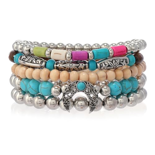 Western Turquoise Beaded Bracelet Stack - Vintage Cowgirl Stretch Set with Bull Skull, Feather & Boot Charms, Handmade Boho Jewelry for Rodeo, Country Concerts & Casual Western Outfits - style: Crescent