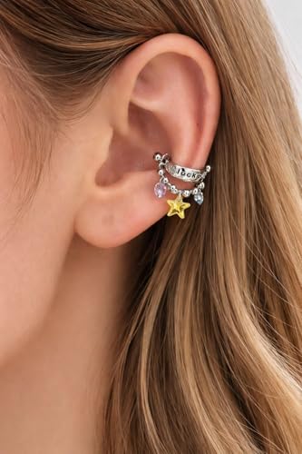 Silver Star Cartilage Huggie Earrings for Women – Crystal Celestial Charm Beaded Chain Dangle Helix Piercing Hoop Earrings, Pink Blue Y2K Vintage Trendy Jewelry Gift - color: 1PCS Silver Lucky