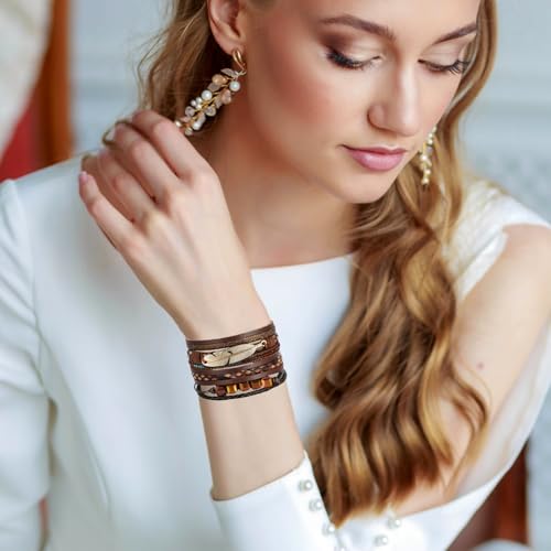 Fesciory Leopard Bracelet for Women, Boho Leather Wrap Multi-Layer Pearl Crystal Bracelet Bangle Jewelry - style: Cube(Brown)