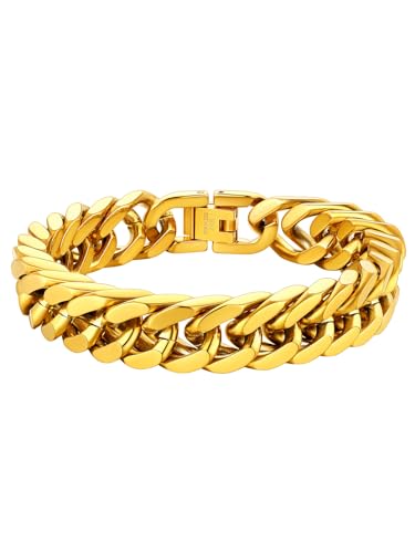 ChainsHouse Stainless Steel Cuban Link Bracelet, 8mm/12mm/17mm Width, 7.5"/8.3"/9", 18K Gold Plated Chain Wrist Bracelets for Men Women, Send Gift Box - color: N: Gold-12mm width