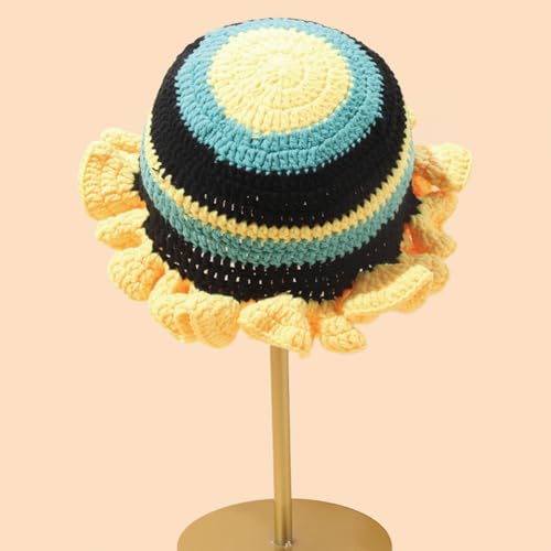 KORADI Womens Crochet Bucket Hat Ruffled Brim Knitted Hats Winter Boho Handmade Caps - color: Yellow&black