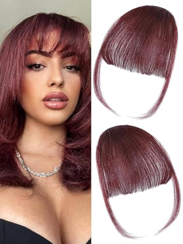100% Real Human Hair Extensions Wispy Clip in Burgundy Fake Bangs Hair Clip on for women Fringe with Temples Hairpieces Faux Bangs for Daily Wear - color: Wispy-Burgundy-99j, size: Wispy Bangs