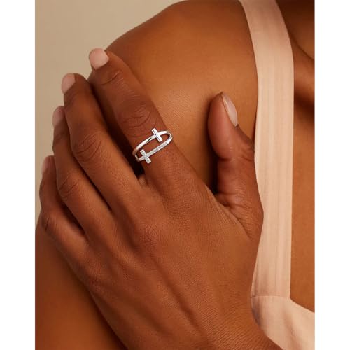 FISSEN JEWELRY Gold Rings for Women, Non Tarnish Dainty 14k Gold Plated Silver CZ Cross Ring Cute Cubic Zirconia Pinky Thumb Stackable Band Silver Finger Rings Size 6-10 Jewelry for Her - color: Silver Diamond Cross