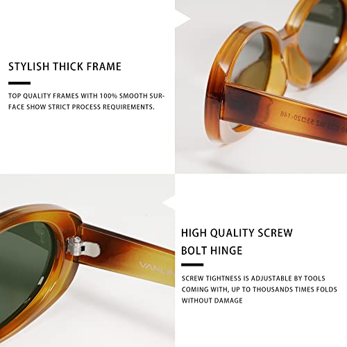 VANLINKER Polarized Retro Oval Sunglasses for Women and Men Small 90s Style VL9580 - color: C13 Amber Frame/Green Lens