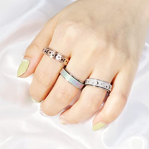 Anxiety Ring for Women Spinner Rings:Rotating Rings Stainless Steel 6mm Moon Star Anxiety for Men Band Jewelry Gift for Women Size 6 7 8 9 10 - color: Three Color