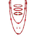 Trendy Infinity Wrap 60’’ Long Statement Necklace, Earrings and Bracelet Set - Hand Knotted Versatile Crystal and Shell Beads Strand Necklace and Chunky Beaded Stretch Bracelet Stack – Jewelry Set Gift for Women - color: Red