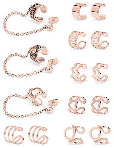 SCERRING Ear Cuff Fake Lip Helix Cartilage Clip On Wrap Earrings Non Piercing Earring Jewelry Set For Women Stainless Steel 15PCS - color: 15PCS - Rose Gold