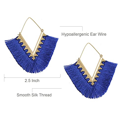 Tassel Hoop Earring Statement Thread Dangle Earrings Stylish Long Fringe Drop Earrings Lightweight Long Swingy French Hook Earrings for Women - color: A Royal Blue