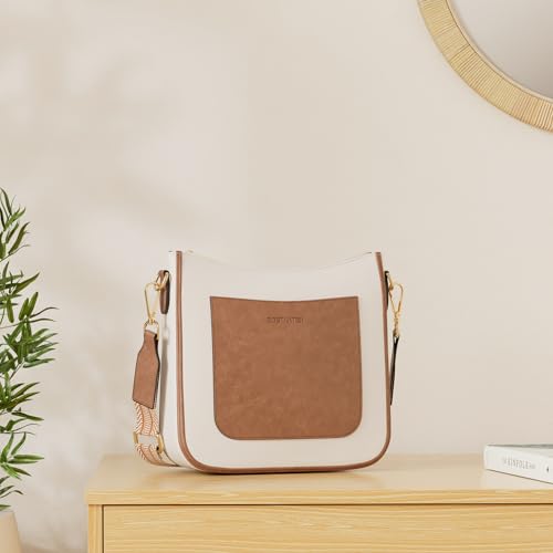 BOSTANTEN Crossbody Bags for Women Trendy Vegan Leather Guitar Strap Purse for Spring Travel - color: A05-brown With Beige