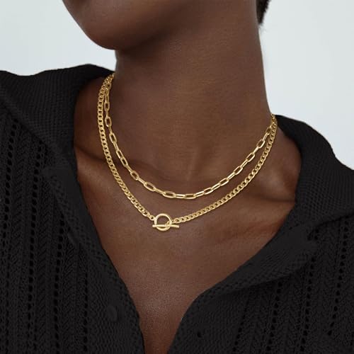 CHESKY Layered Necklaces for Women, 14K Gold Plated Chain Necklace Women Trendy Cuban Link Paperclip Chain Toggle Clasp Necklace Fashion Chunky Jewelry for Women - style: Paperclip/Toggle-GD