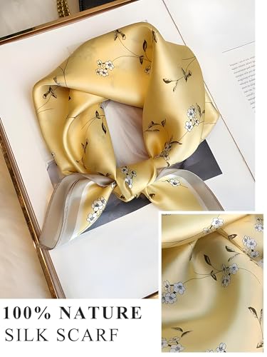100% Mulberry Silk Scarf for Women Hair Lightweight Square Neckerchief Wrap For Head Scarves 21" - color: 15-bright Yellow Branches /21"*21"