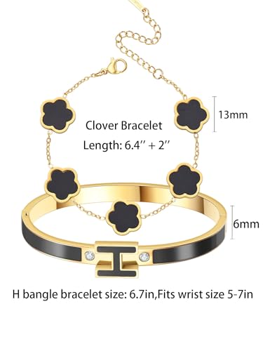 H Bangle & Clover Bracelet for Women - Stainless Steel Fashion Jewelry - 18K Gold Plated H Bangle and Lucky Five Leaf Clover Bracelet - Elegant Bracelets Set - Gift for Women - color: Gold-Black Set