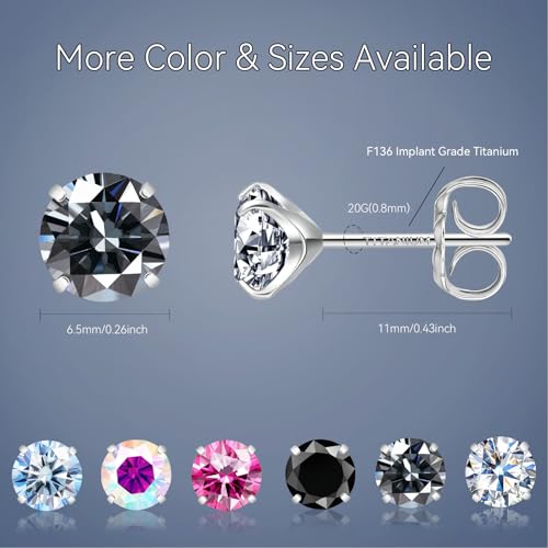Moissanite Stud Earrings, G23 Hypoallergenic Titanium Stud Earrings for Women Men, Round Cut D Color VVS1 Clarity 18K White Gold Palted Multicolor Moissanite Jewelry, 0.6CT-3.0CT - color: Grey, size: (1.0ct*2)-6.5mm-2.0 Carat