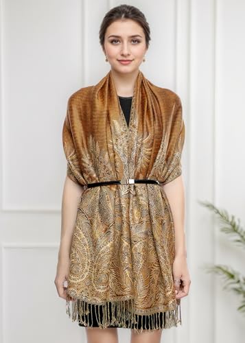 Achillea Reversible Paisley Pashmina Rave Scarf – Exotic Indian Shawls and Wraps for Evening Dresses, Festivals, All Seasons - color: Big Paisley Golden Brown