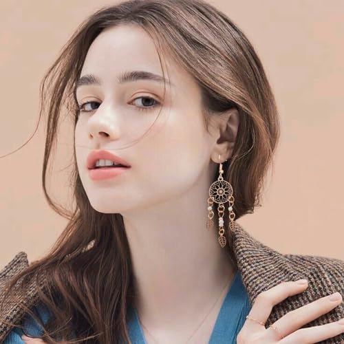 Boho Turquoise Drop Earrings Retro Long Copper Feather Tasse Metal Leaf Dangle Earrings Vintage Country Western Jewelry Cowgirl Ethnic Style Geometric Concert Festival Accessories for Women - color: Gold Tassel