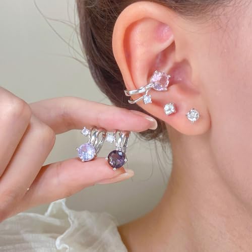 Cubic Zirconia Ear Cuff Non-Piercing CZ Clip on Earrings Round Crystal Stud Earrings Silver Cartilage Hypoallergenic Earrings Set Party Prom Jewelry for Women - color: White
