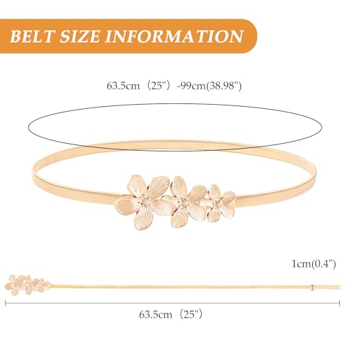 E-Clover Womens Fashion Metal Stretch Waist Skinny Belt Waistband - color: Gold Flowers