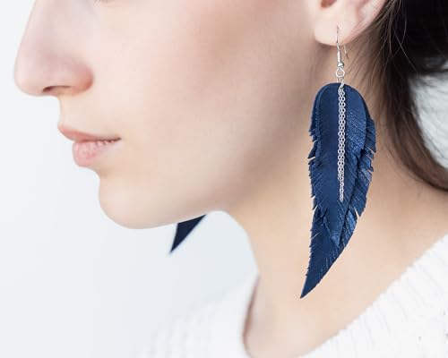 Black shiny Leather Feather Earrings for Women, Lightweight Minimal Boho Dangle Earrings, Small Simple Everyday Jewelry - color: Dark blue shiny