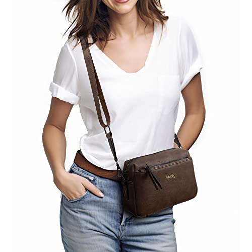 Alldaily Small Triple Zip Crossbody Purse for Women, Vegan Leather Phone Bag with Wide Shoulder Strap - color: Chocolate