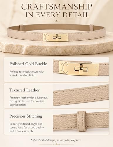 BEMYLV Skinny Belts for Women Dresses Turn-Lock Gold Buckle Adjustable Fashion Waist Belt for Pants Jeans Business Casual - color: Light Khaki