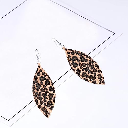 Large Genuine Soft leaf Leather Handmade Fringe Tassel Feather Lightweight Tear Drop Dangle Color Earrings for Women - color: Light Leopard