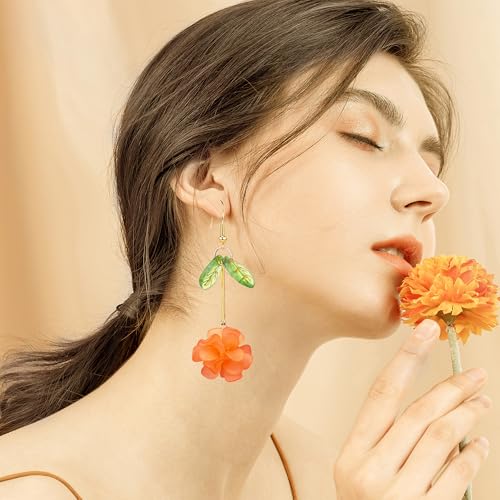 Resin Flower Cluster Ball Dangle Drop Earrings for Women Spring Summer Bohemian Floral Petal with Green Leaf Earrings Vacation Party Jewelry - color: Orange