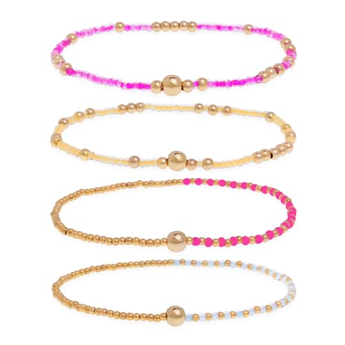 Gold Beaded Stackable Friendship Bracelets Set for Women, Handmade Boho Stretch Summer Jewelry Gift. - color: gold pink fuchsia white yellow