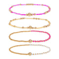 Gold Beaded Stackable Friendship Bracelets Set for Women, Handmade Boho Stretch Summer Jewelry Gift. - color: gold pink fuchsia white yellow
