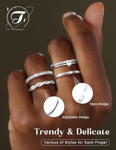 THUNARAZ 9Pcs Gold Stackable Rings for Women Non Tarnish Open Adjustable 14K Gold Plated Rings Trendy Stack Cubic Zirconia Thin Thumb Ring Set Minimalist Dainty Statement Band Ring - color: Silver Tone