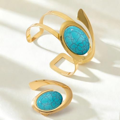 Boho Open Bracelet Ring Set for Women Black and Gold Jewelry Set Oval Cuff Bracelet Adjustable Ring Vintage Jewelry - style: Turquoise
