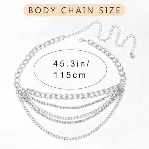 Rhinestone Waist Chain Body Chain Crystal Body Jewelry for Women Layered Rhinestones Belly Chain Summer Beach - color: Silver