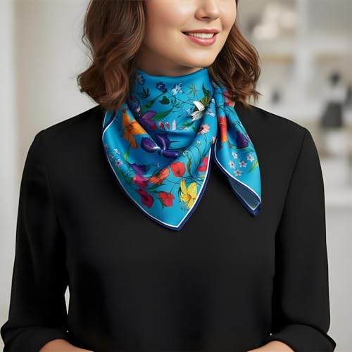 Premium Floral Scarf for Women 35x35 Square Silk Feel-Lightweight Scarves Headscarf Bandanas Wrapping Handbag - color: Blue Blossom
