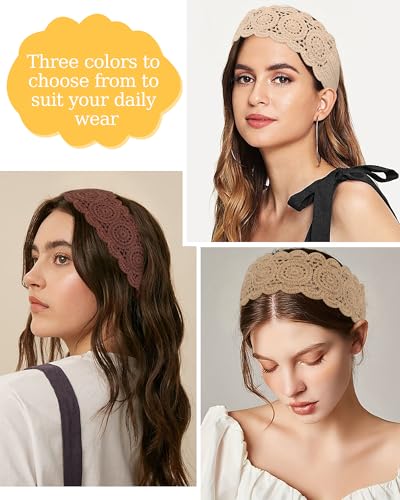 HAIMEIKANG Hippie Hair Bandanas Headbands for Women Boho Headband Knit Hair Bands Floral Head Wrap for Girls (Khaki + Brown + Dark Brown) - color: Khaki + Brown + Dark Brown