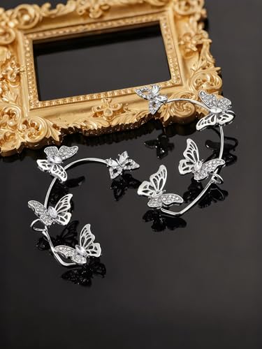 2Pcs Rhinestone Butterfly Earrings Ear Cuffs Non-Pierced Fake Earrings Butterfly Climber Wrap Around Earring Dainty Adjustable Ear Clip Jewelry for Women - color: Style8-silver