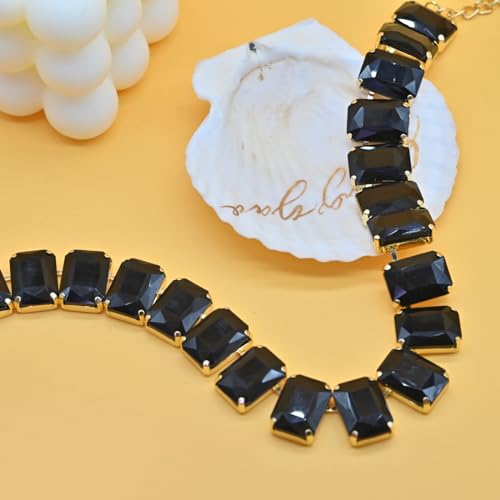 Fashionable Chunky Plated Tennis Rhinestone Statement Necklace Jewelry Set for Women Multicolor gem necklace with Great Sparkle and Shine Design for Women to Easy Match - color: black square rhinestone
